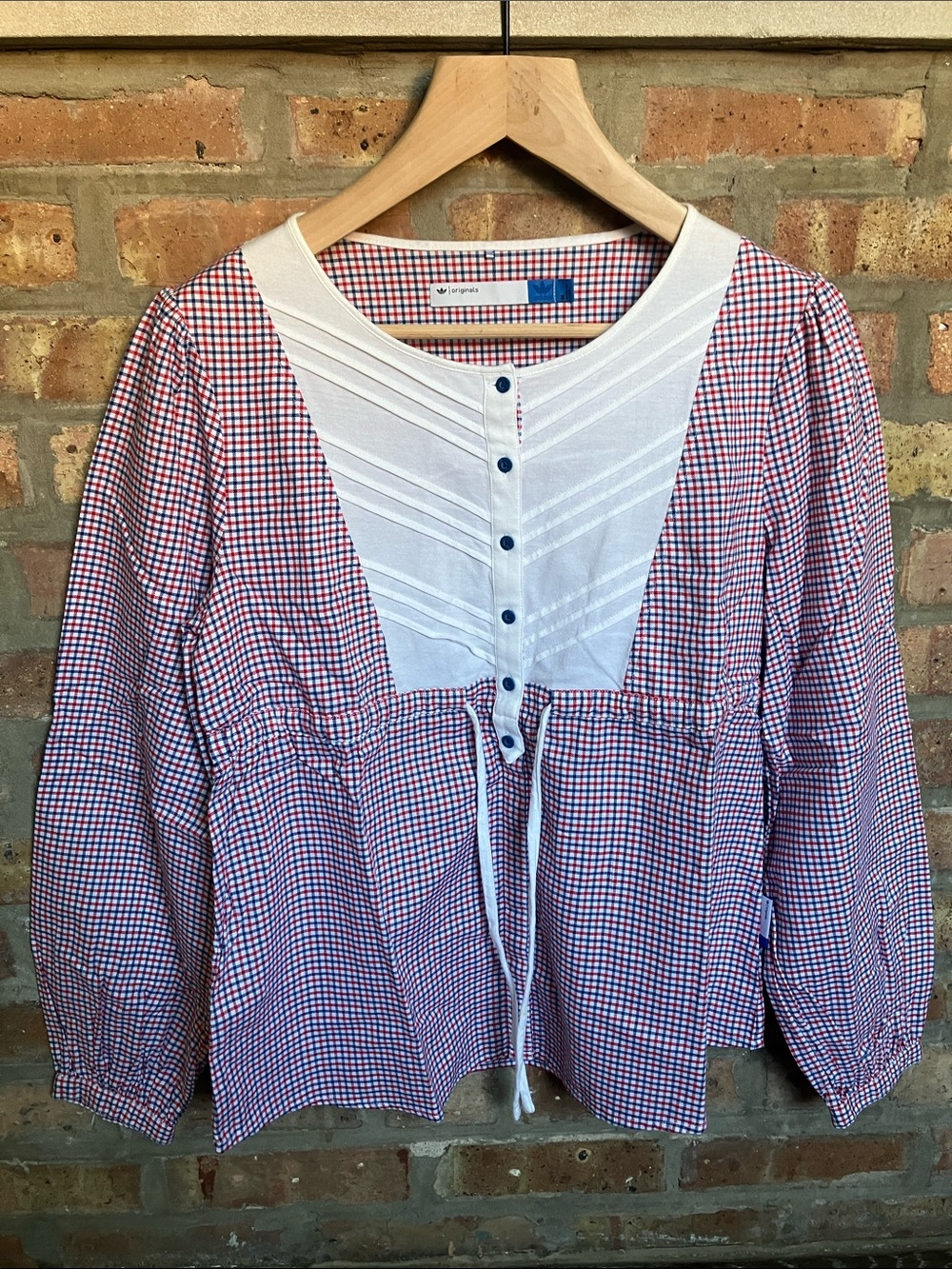 Adidas Originals red and blue gingham woven panel blouse.